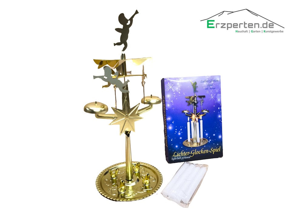 Knox Lichter-Glockenspiel / Klingel-Pyramide aus Messingblech gold inkl. 4 Kerzen